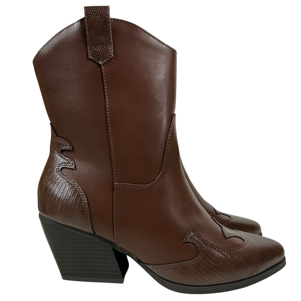 Soda Chick Western Boots Heeled Zip Pointed Toes‎ Faux Leather Brown - Size 10